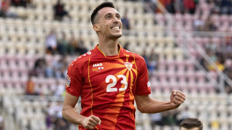 Ziemeļmaķedonijas izlases futbolists Bojans Miovskis svin vārtu guvumu. Foto: Georgi Licovski/AFP/Scanpix