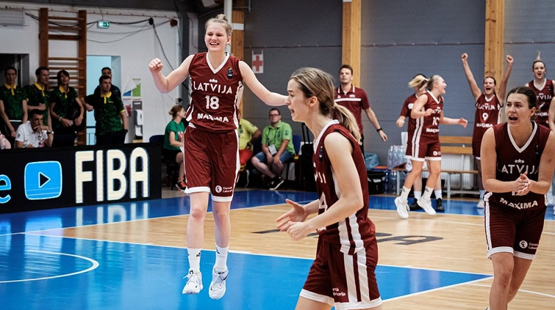 Latvietes priecājas pēc uzvaras pār Beļģiju. Foto: FIBA