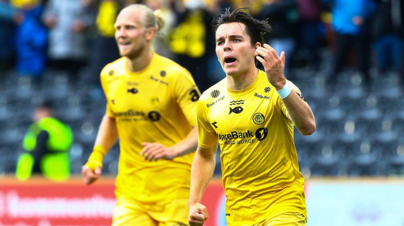 "Bodø/Glimt" futbolists Hugo Vetlesens svin vārtu guvumu. Foto: Mats Torbergsen/EPA/Scanpix