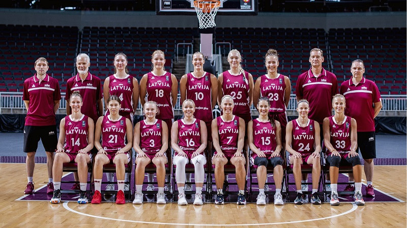 Latvijas sieviešu basketbola valstsvienība pirms izlidošanas uz Japānu. Foto: LBS