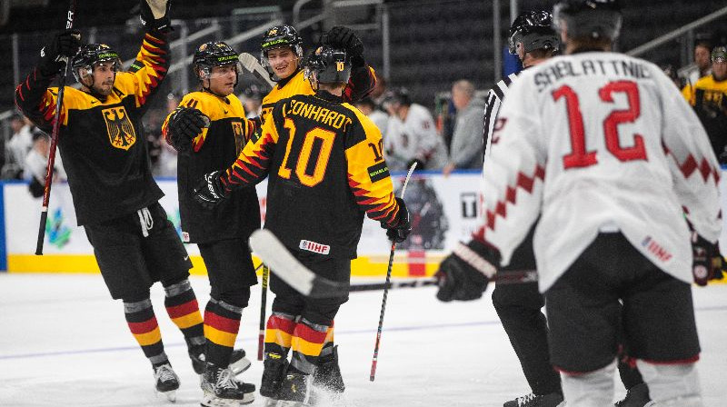 Vācijas U20 hokeja izlases gaviles uzvarā pār Austriju. Foto: TT NYHETSBYRÅN/Scanpix