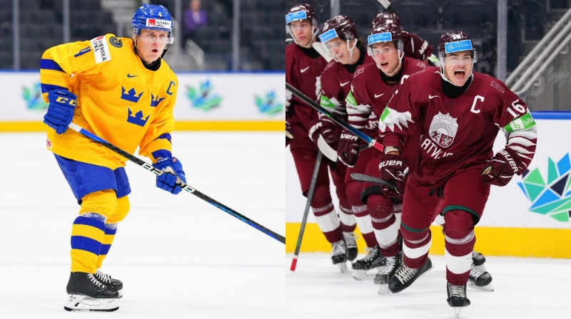 Abu komandu kapteiņi un līderi - zviedrs Emīls Andrae un latvietis Ralfs Bergmanis. Foto: IIHF