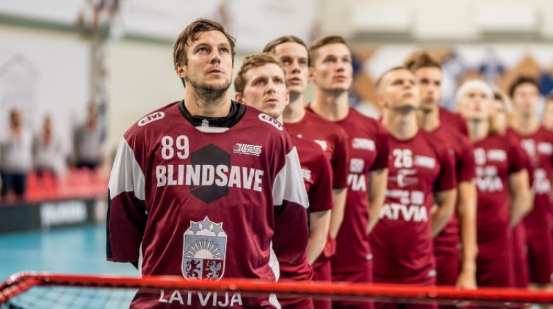 Vārtsargs Jānis Salcevičs Latvijas izlases sastāvā Valmierā. Foto: floorball.lv