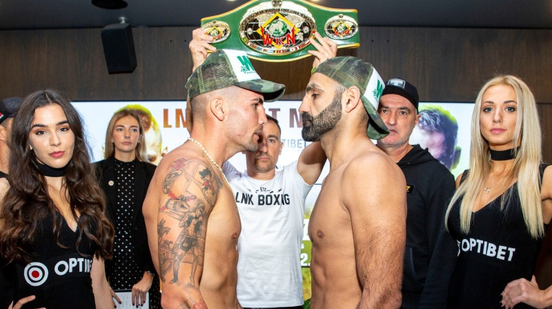 Fernando Martins Sančess un Zaurs Džavadovs svēršanās ceremonijā. Foto: Boriss Simsons/LNK Boxing