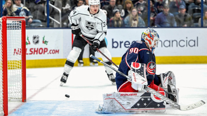 Elvis Merzļikins spēlē pret Losandželosas "Kings". Foto: Gaelen Morse/USA Today Sports/Scanpix