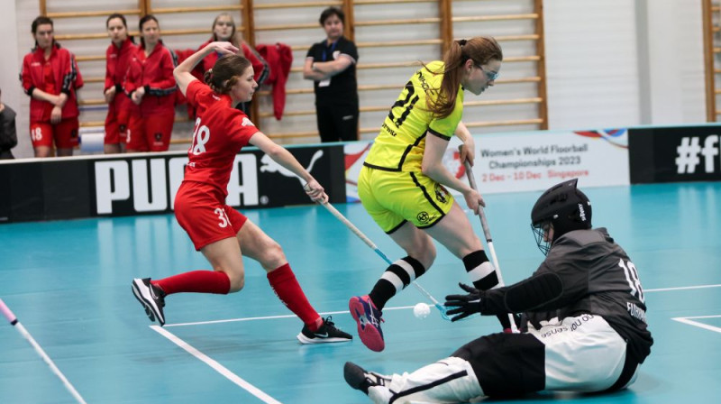 Sofija Rīnanena (#21) nodrošināja Beļģijas uzvaru pār austrietēm, foto: IFF Floorball