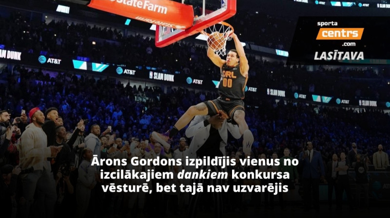 Ārons Gordons 2020. gadā "dankoja" pāri 2,29 metrus garajam Tako Falam. Foto: USA Today Sports/Scanpix