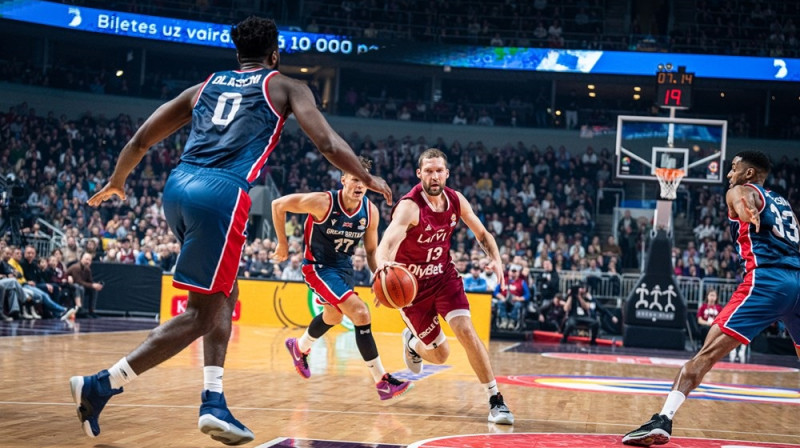 Jānis Strēlnieks spēlē pret Lielbritāniju. Foto: FIBA