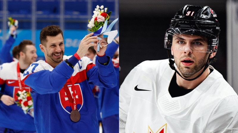 Mareks Hrivīks un Adams Fantili. Foto: Reuters/Scanpix/Hockey Canada