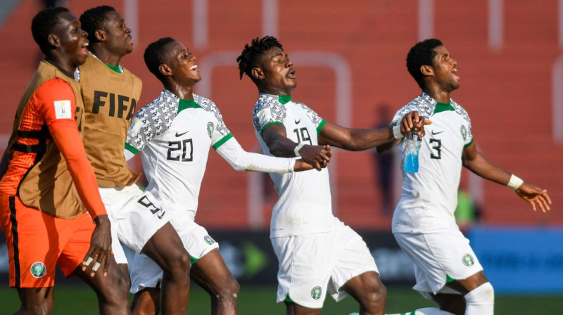 Nigērijas U20 valstsvienības futbolisti. Foto: Andres Larrovere/AFP/Scanpix