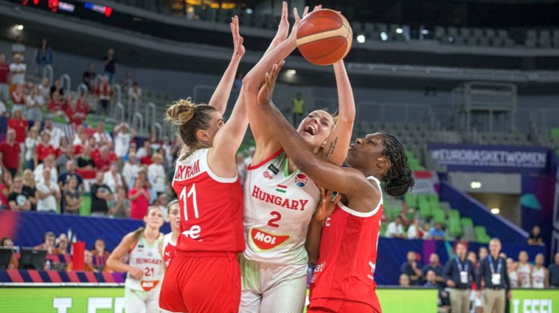 Ungārijas valstsvienības basketboliste Viraga Kiša Turcijas spēlētāju ielenkumā. Foto: FIBA