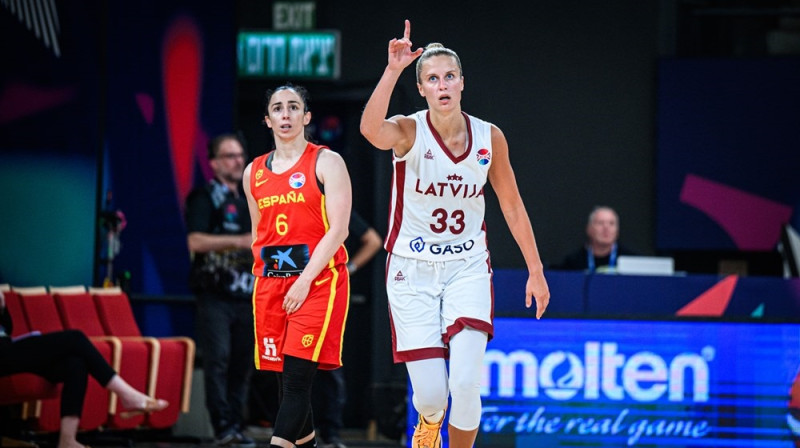 Kitija Laksa un Silvija Domingesa 2023. gada 15. jūnijā Telavivā. Foto: EuroBasket Women