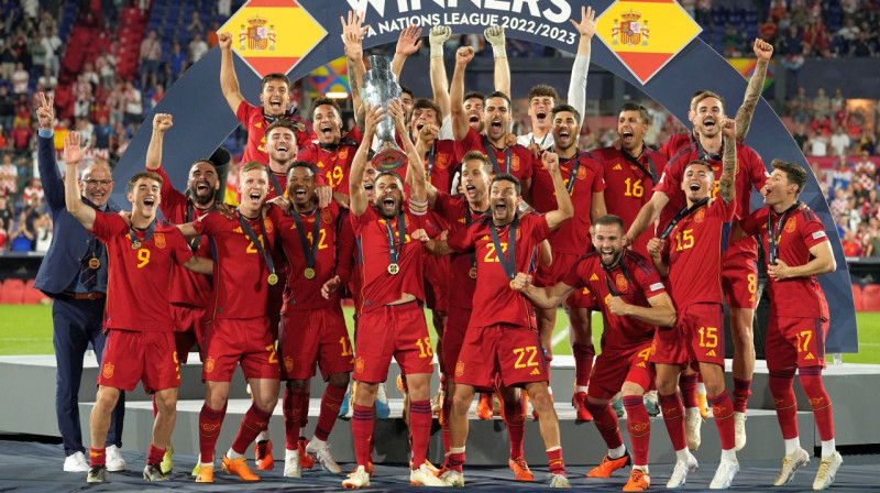 2023. gada UEFA Nāciju līgas finālturnīra uzvarētāja – Spānijas futbola valstsvienība. Foto: Martin Meissner/AP/Scanpix