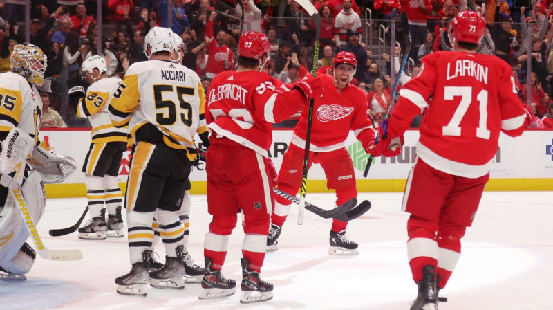 Brīdis pēc Detroitas "Red Wings" uzbrucēja Deivida Perona vārtu guvuma. Foto: Gregory Shamus/AFP/Scanpix