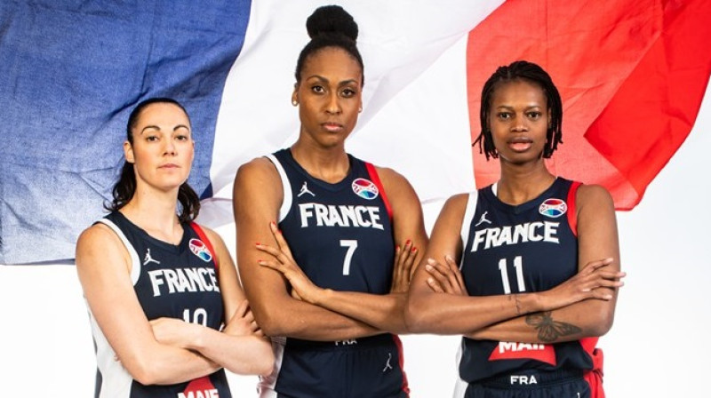 Sāra Mišela-Burī, Sandrine Gruda un Valeriane Ajaji. Foto: EuroBasket Women