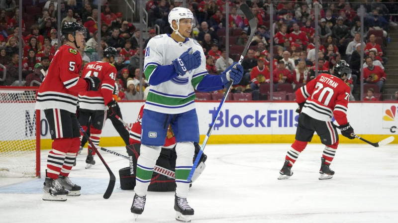 Vankūveras "Canucks" uzbrucējs Dakota Džošua pēc vārtu guvuma. Foto: David Banks/USA Today Sports/Scanpix