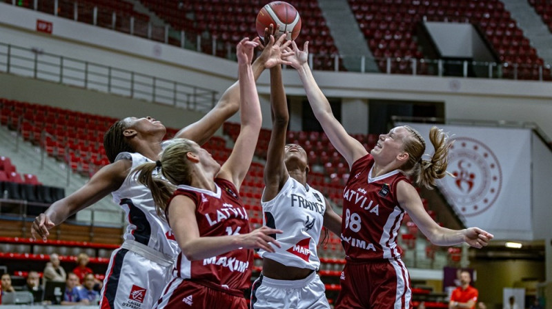 Adelīna Urtāne un Amanda Baumgarte spēlē pret Francijas U18 izlasi. Foto: FIBA