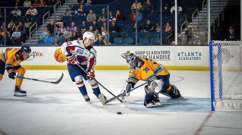 Gustavs Dāvis Grigals darbībā. Foto: Atlanta Gladiators