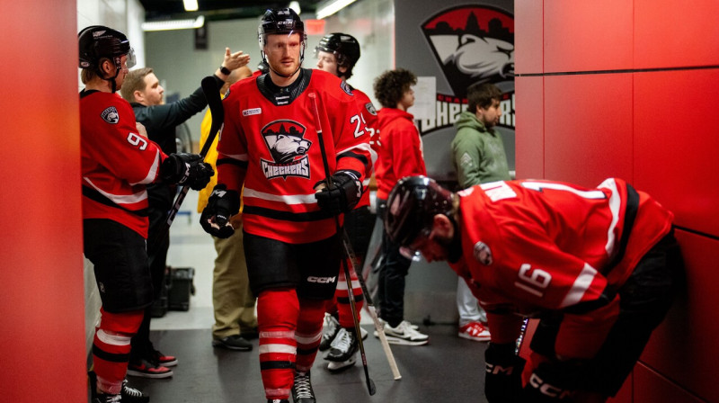 Uvis Jānis Balinskis (Nr. 16) un citi Šarlotas "Checkers" hokejisti. Foto: Charlotte Checkers