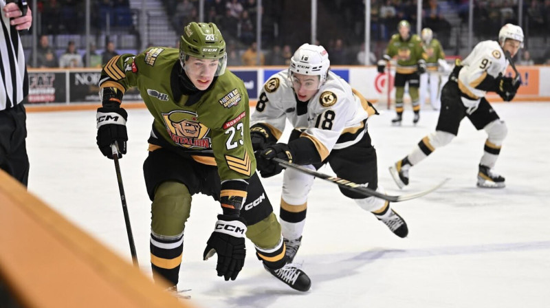 Sandis Vilmanis spēlē pret Kingstonas "Frontenacs". Foto: North Bay Battalion