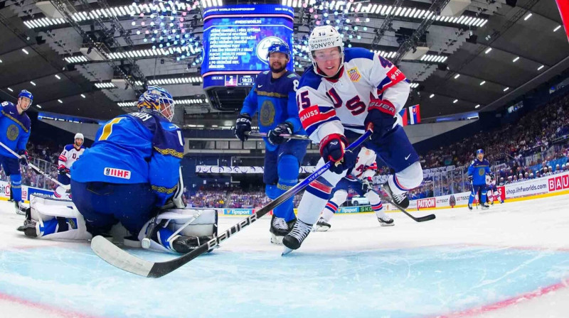 Gevina Brindlija (Nr. 45) vārtu guvuma mirklis. Foto: Matt Zambonin/IIHF