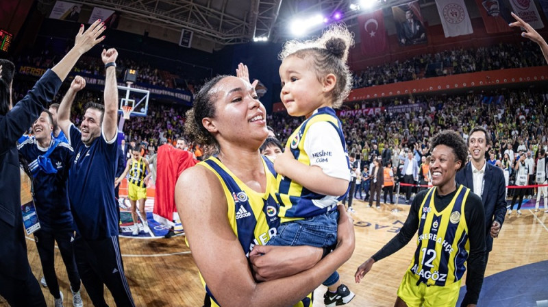 Nafisa Koljera ar meitu 2024. gada 14. aprīlī Mersinā. Foto: EuroLeague Women