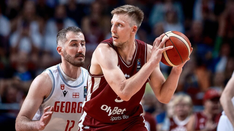 Mareks Mejeris mačā pret Gruziju. Foto: FIBA