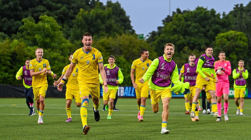 Ukrainas U19 valstsvienības futbolistu prieks spēlē pret Itāliju. Foto: Українська Асоціація Футболу/Ukrainian Association of Football