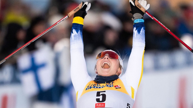 Šādi priecājas par pirmo uzvaru Johanna Hagstrēma. Foto: Kalle Parkkinen/BILDBYRÅN