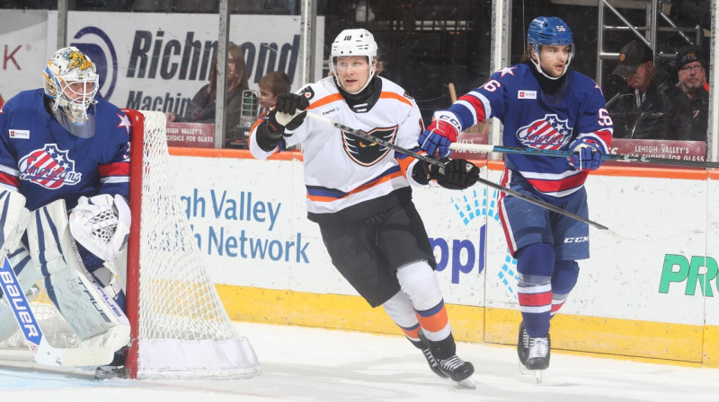 Rodrigo Ābols spēlē pret Ročestras "Americans". Foto: Lehigh Valley Phantoms