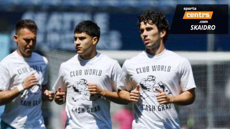 Sietlas "Sounders" futbolisti protestē pret MLS nostāju Klubu pasaules kausa prēmiju sadalījuma jautājumā. Foto: IMAGN IMAGES via Reuters Connect/Scanpix