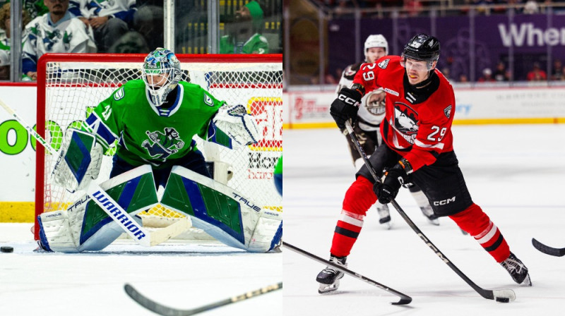 Artūrs Šilovs un Sandis Vilmanis. Foto: Abbotsford Canucks, Charlotte Checkers