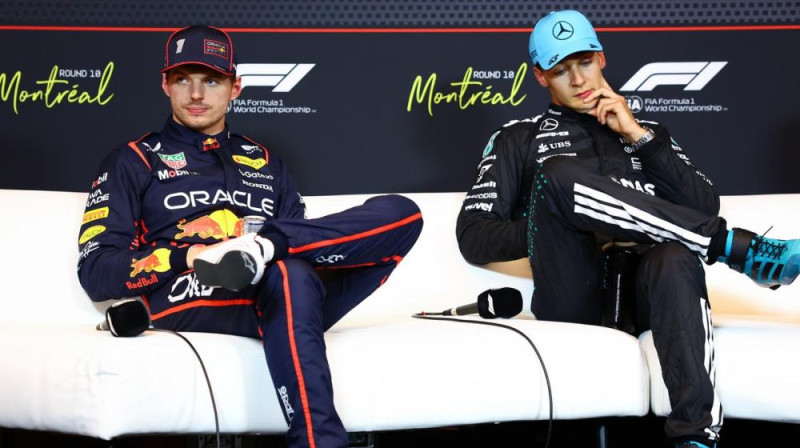Makss Verstapens un Džordžs Rasels. Foto: Motorsport.com