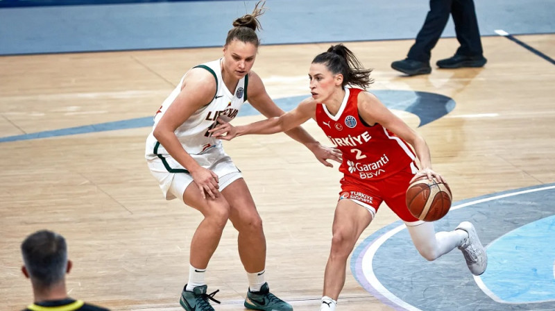 Laura Juškaite un Sevgi Uzuna 2025. gada 29. jūnijā. Foto: EuroBasket Women