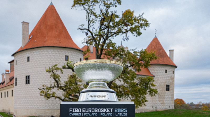 Eiropas čempionāta trofeja pie Bauskas pils. Foto: Basket.lv