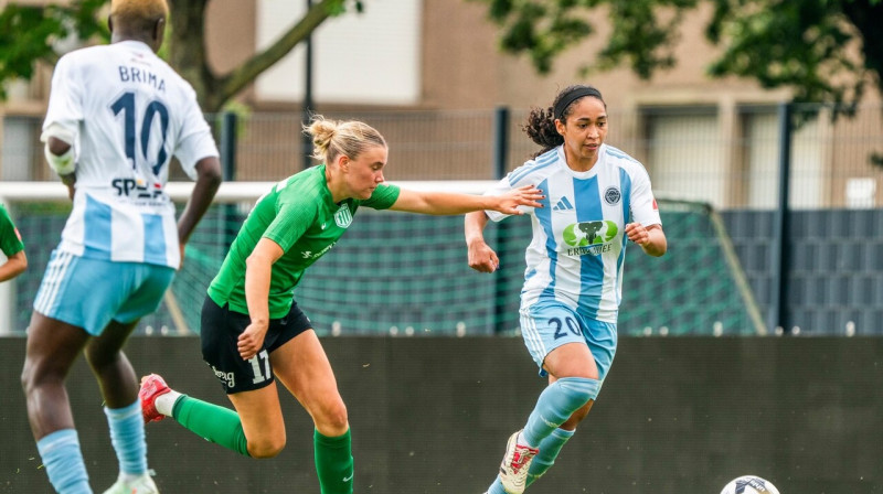 Mirklis no "Riga" un Tallinas "Flora" komandu spēles UEFA Čempionu līgas kvalifikācijā Luksemburgā. Foto: Riga FC Women