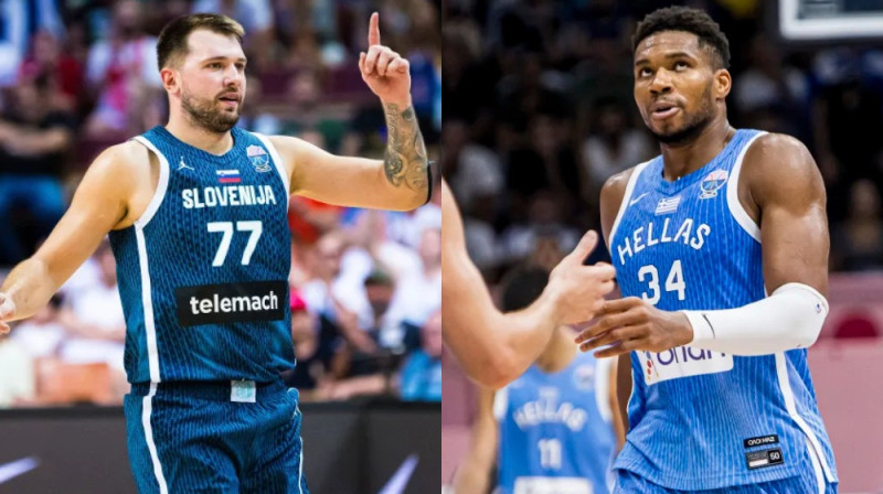 Luka Dončicš un Jannis Adetokunbo. Foto: FIBA