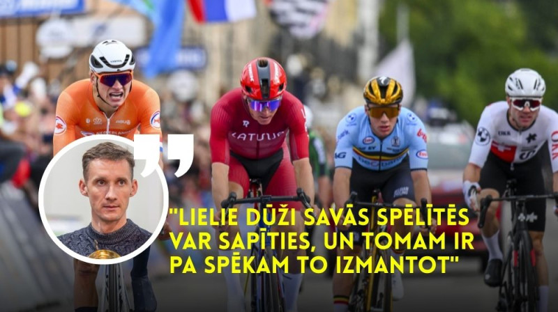 Toms Skujiņš pirms gada PČ riteņbraukšanā cīņā ar riteņbraukšanas zvaigznēm Matjē van der Pūlu un Remko Evenepūlu. Foto: Zumapress/Scanpix