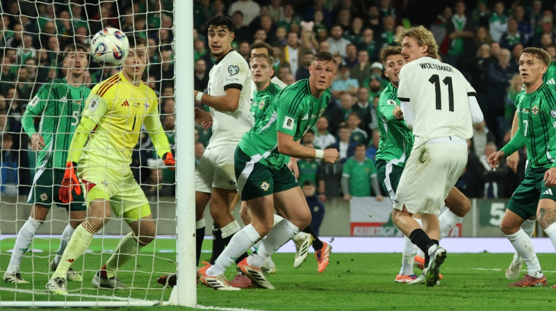 Vācieša Niklasa Voltemādes vārtu guvuma mirklis Belfāstā. Foto: Christian Charisius/DPA/Picture-Alliance/Scanpix