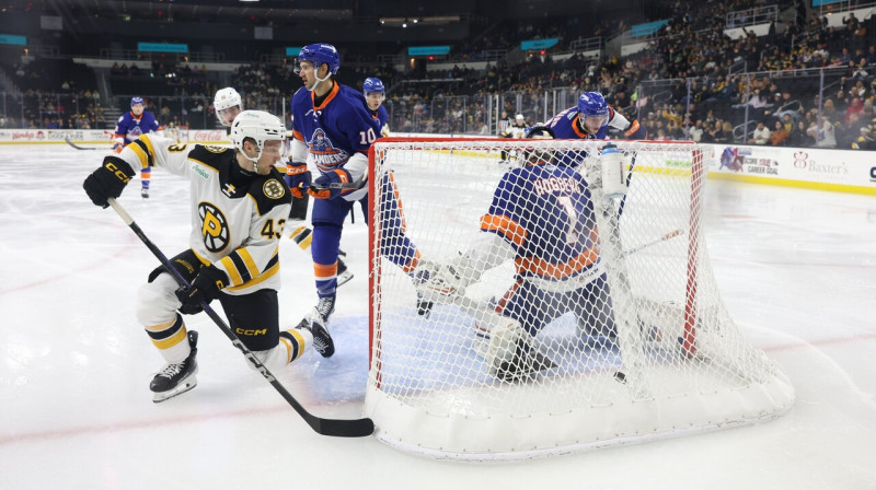 Dans Ločmelis (priekšplānā) Providensas "Bruins" vārtu guvuma mirklī. Foto: Providence Bruins