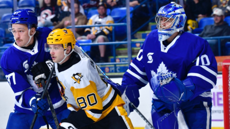 Raivis Ansons pretinieku vārtu priekšā. Foto: 
Wilkes-Barre/Scranton Penguins