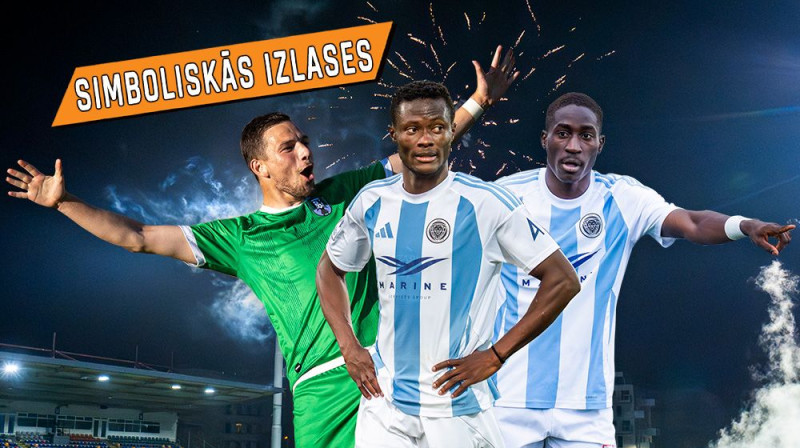 Ingars Pūlis, Ahmeds Ankrā un Elbašīrs Ngoms. Grafisko attēlu izveidoja Emīls Ozerinskis, foto autori - Riga FC, Ēriks Matīss.