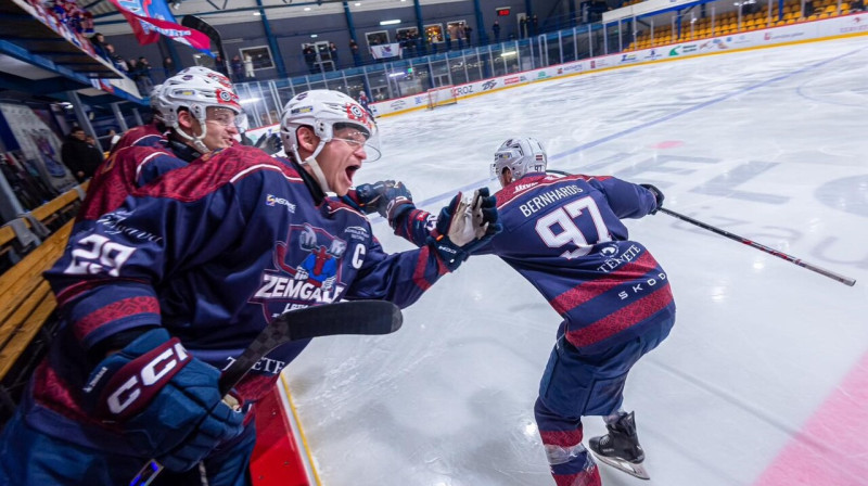 Pēc Ričarda Bernharda vārtu guvuma. Foto: Dāvis Berners/HK Zemgale/LBTU