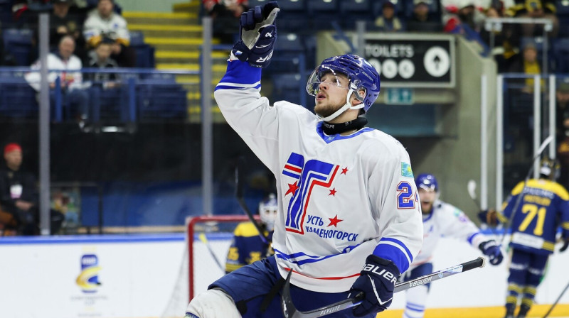 Ustjkamenogorskas (Eskemenas) "Torpedo" uzbrucējs Maksims Musorovs pēc vārtu guvuma. Foto: Henning von Jagow/Zumapress.com/Scanpix