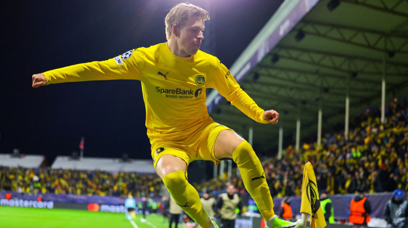 "Bodø"/"Glimt" uzbrucējs Jenss Hauge pēc uzvaras vārtu guvuma cīņā pret Milānas "Inter". Foto: Thomas Andersen/Reuters/Scanpix