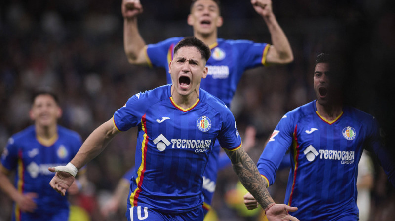 "Getafe" uzbrucējs Martins Satriano pēc vārtu guvuma spēlē pret "Real Madrid". Foto: PSNEWZ/SIPA/Scanpix