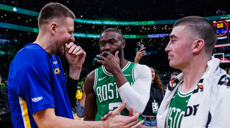Kristaps Porziņģis, Džeilens Brauns, Peitons Pričards. Foto: IMAGN IMAGES via Reuters Connect/Scanpix