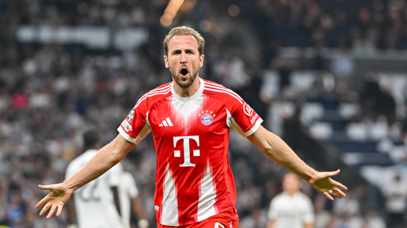 "Bayern" uzbrucējs Harijs Keins gūst vārtus UEFA Čempionu līgas ceturtdaļfināla spēlē pret "Real Madrid". Foto: IMAGO/Beautiful Sports International/Scanpix