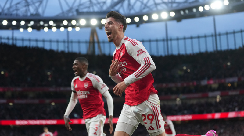"Arsenal" uzbrucējs Kai Havercs svin vārtu guvumu pret "Burnley". Foto: AP Photo/Kirsty Wigglesworth/Scanpix
