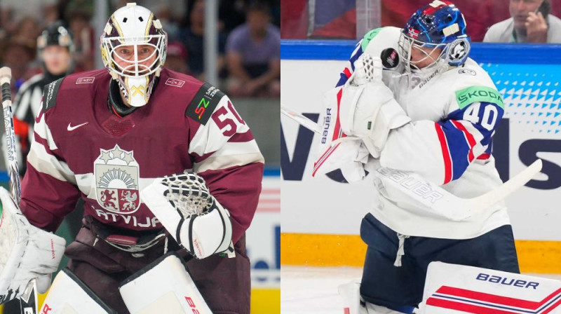 Kristers Gudļevskis un Henriks Heukelanns. Foto: Ansis Ancovs/LHF un Matt Zambonin/IIHF